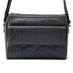 Gucci Shoulder Bag GG Embossed Leather Black